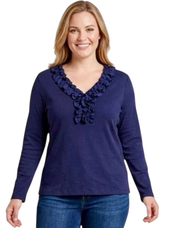 Chaps Tops - Chaps Navy Blue V-Neck Women's Tee with Ruffles, XL Size